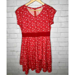 Anthropologie M ORIGAMI BIRD Print Short Sleeve Fit & Flare Ruffle Dress Red